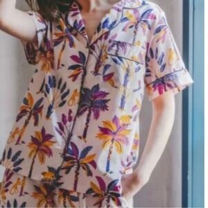 Printfresh Women XL Monkey Business Cotton Pajama Top Short Sleeve Button Up